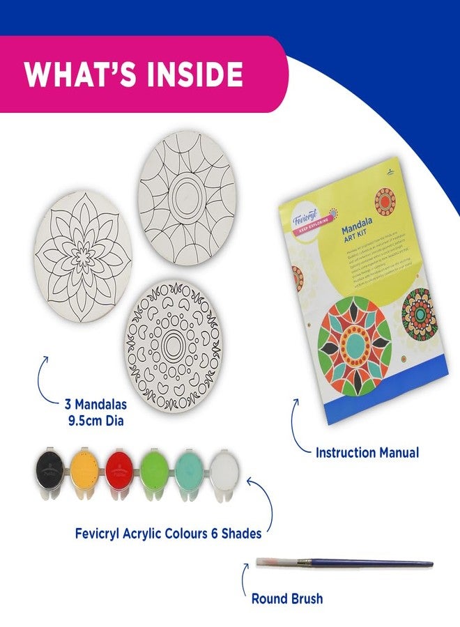 Fevicryl Mandala Mini Art Kit | All-Inclusive DIY Kit with Wooden Coasters, Acrylic Colours, Brush | for Artists, Students, Hobbyists & Gifting | Ideal for Age 14 + - Image 2